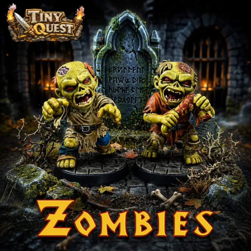 Illustration promotionnelle de figurines zombies fantasy pour Tiny Quest : deux zombies miniatures peints à la main avancent dans un décor de donjon sombre et de cimetière médiéval, devant une pierre tombale envahie de mousse. Ambiance RPG gothique avec éclairages dramatiques, torches enflammées et logo Tiny Quest en haut de l’image. Texte “ZOMBIES” en grandes lettres fantasy dorées en bas de l’illustration.