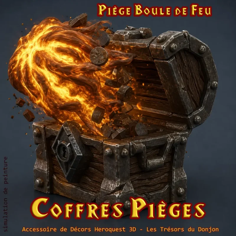 Coffre piège boule de feu HeroQuest 3D — flammes sculptées décor donjon PLA+