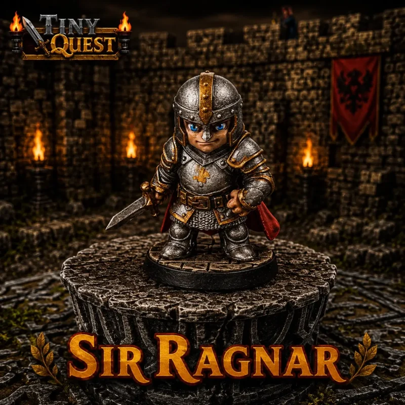 Figurines Sir Ragnar TinyQuest compatibles HeroQuest et plateaux 3D. Versions libre et prisonnier, socle 25 mm, faciles à peindre.
