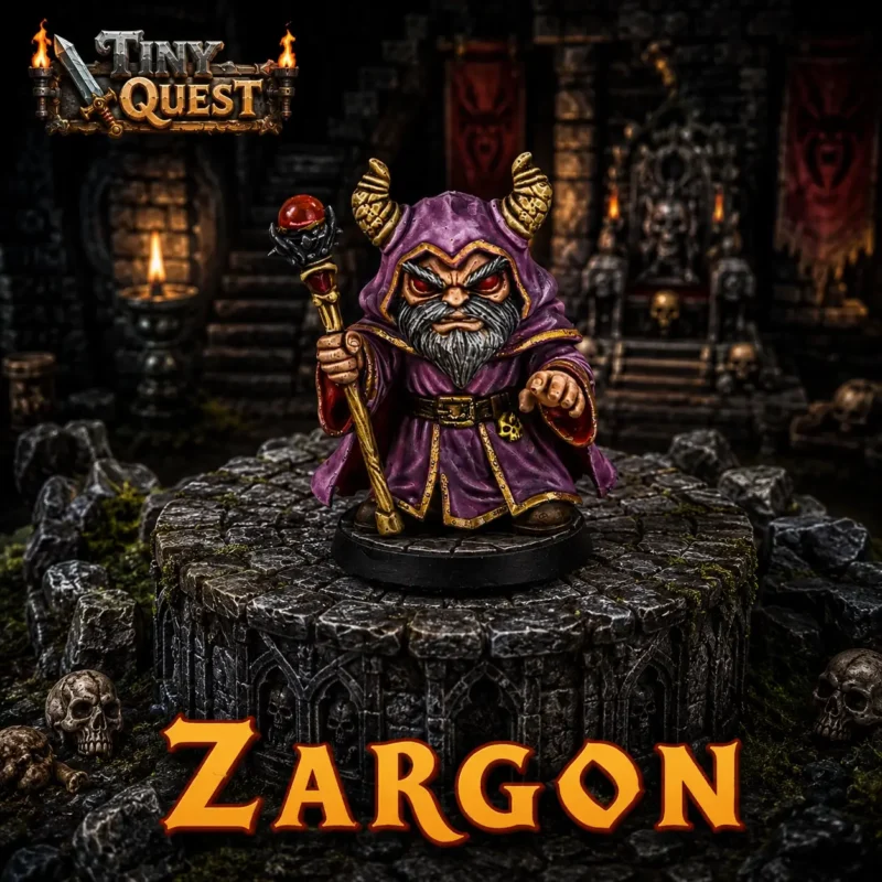 Figurine Zargon/Sorcier maléfique TinyQuest compatible HeroQuest, socle 25mm, peinture d'exemple.