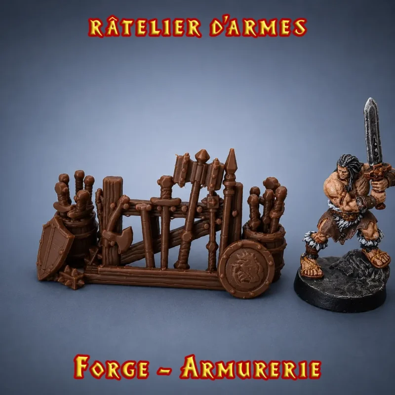 Le Râtelier d'Armes occupe la position centrale de la gamme — plus petit que le Grand Râtelier qui tapisse un mur entier, plus complet que le Petit Râtelier qui montre les restes après urgence, et plus structuré que le Tonneau d'Armes qui assume l'improvisation.